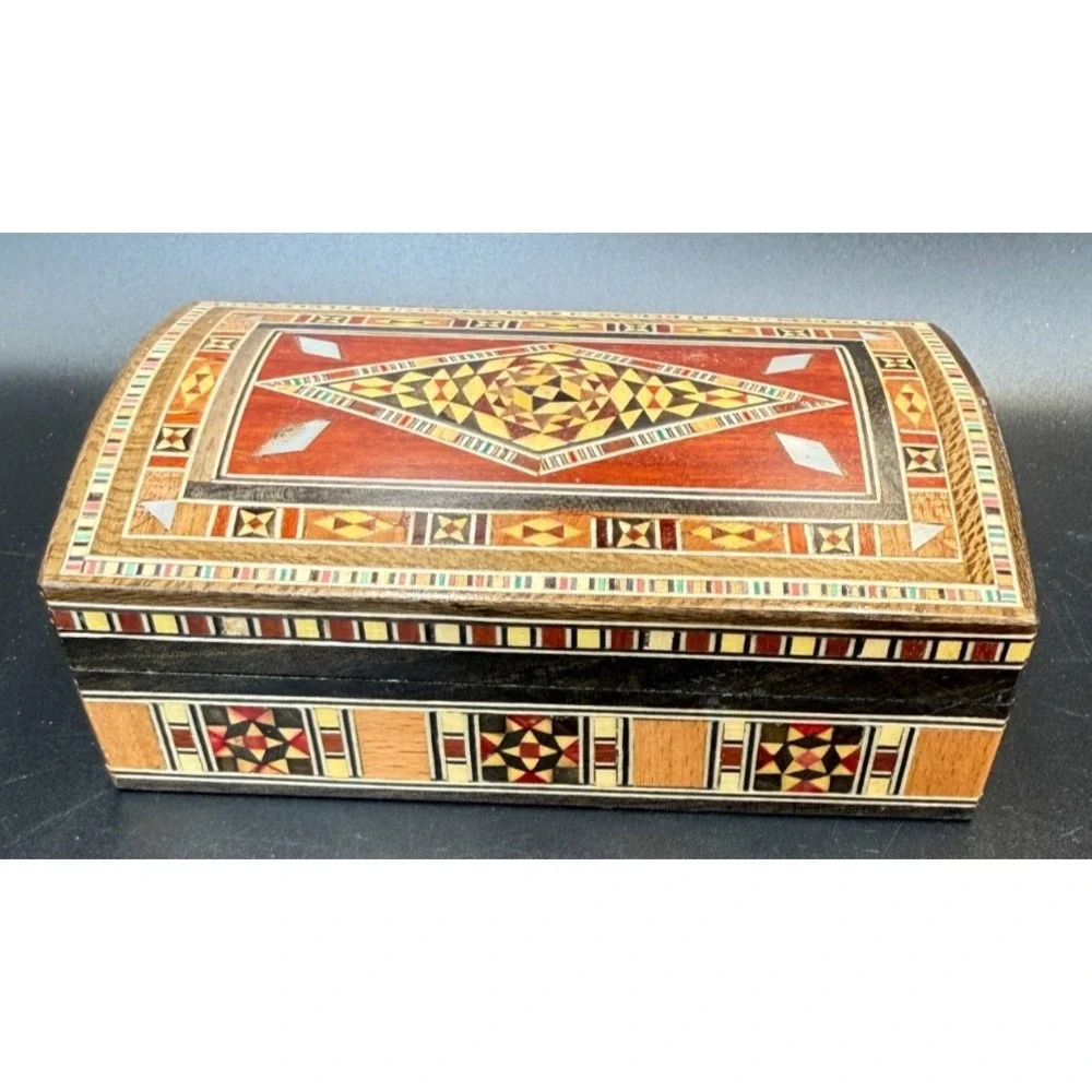 Handcrafted Damascene Mosaic Inlaid Mother of Pearl Jewelry Box Velvet Lined-VTG